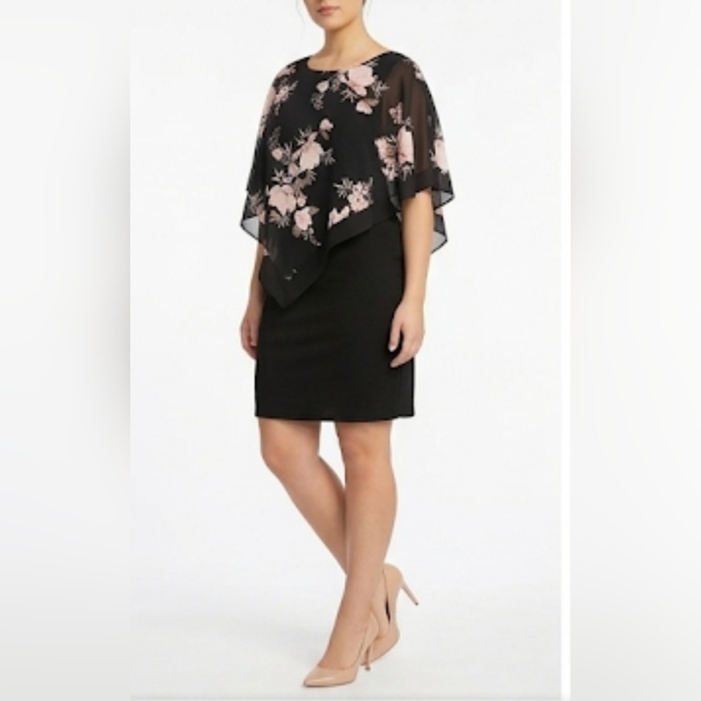 🌷Suzy Shier Black Dress with Blush Floral Asymmetrical Overlay🌷size:XXL